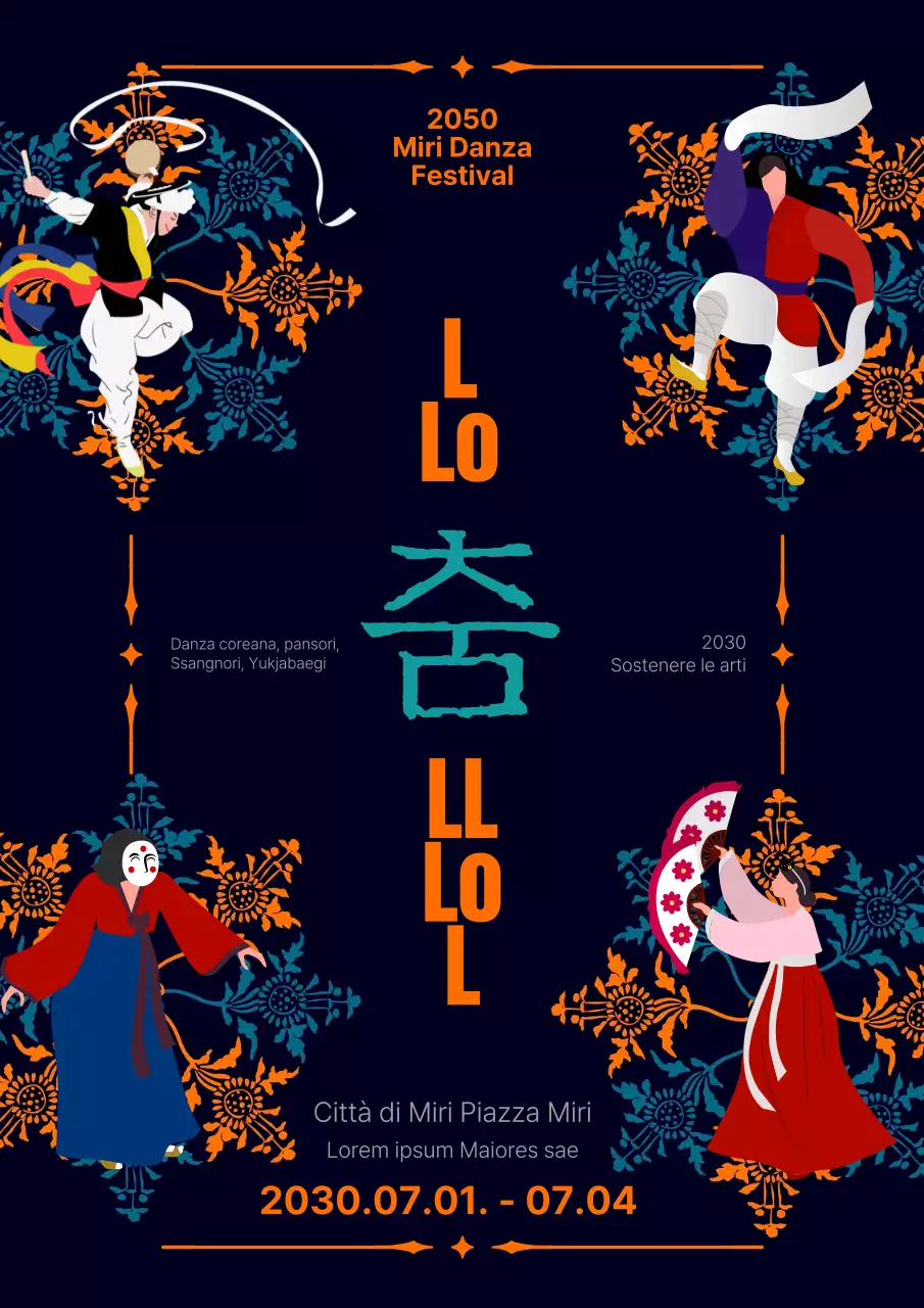 Illustrazione in arancione menta che promuove un festival di danza tradizionale