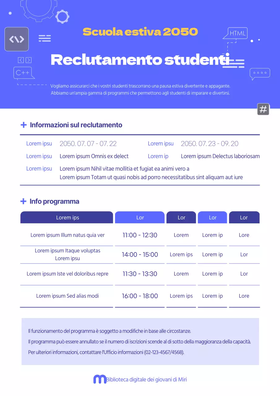 Reclutamento per un corso di vacanze estive blu e semplice