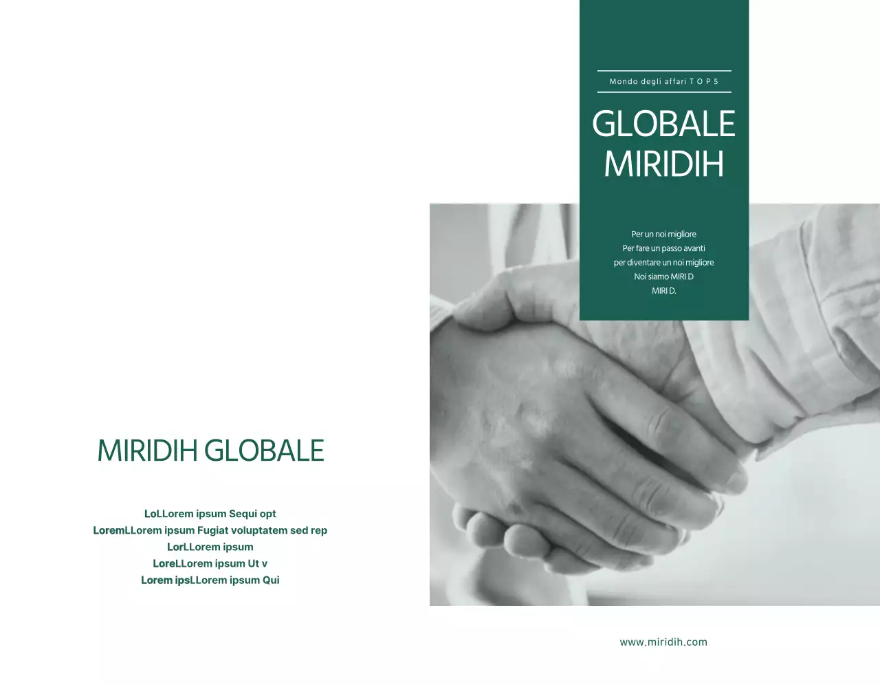 Un semplice miraggio globale con testo e immagini verde scuro per promuovere l'azienda.