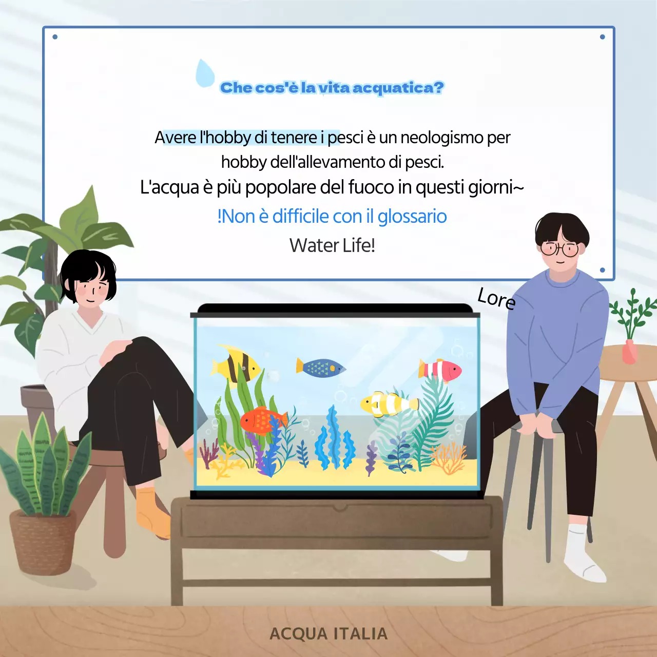 Sfondo acquario con molti pesci blu ondulati, glossario vita acquatica CardNews