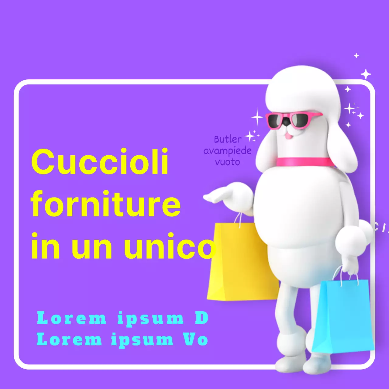 Promuovere l'apertura di un sito di forniture per cani con un testo giallo su sfondo viola.