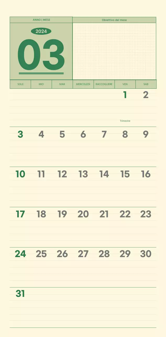 Calendario da parete SAT D-day concept in verde e giallo chiaro