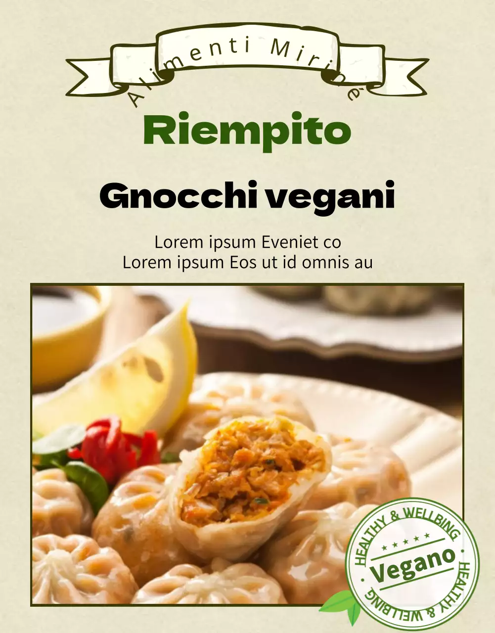 Pagina di dettaglio del centro commerciale con ravioli vegani verde oliva