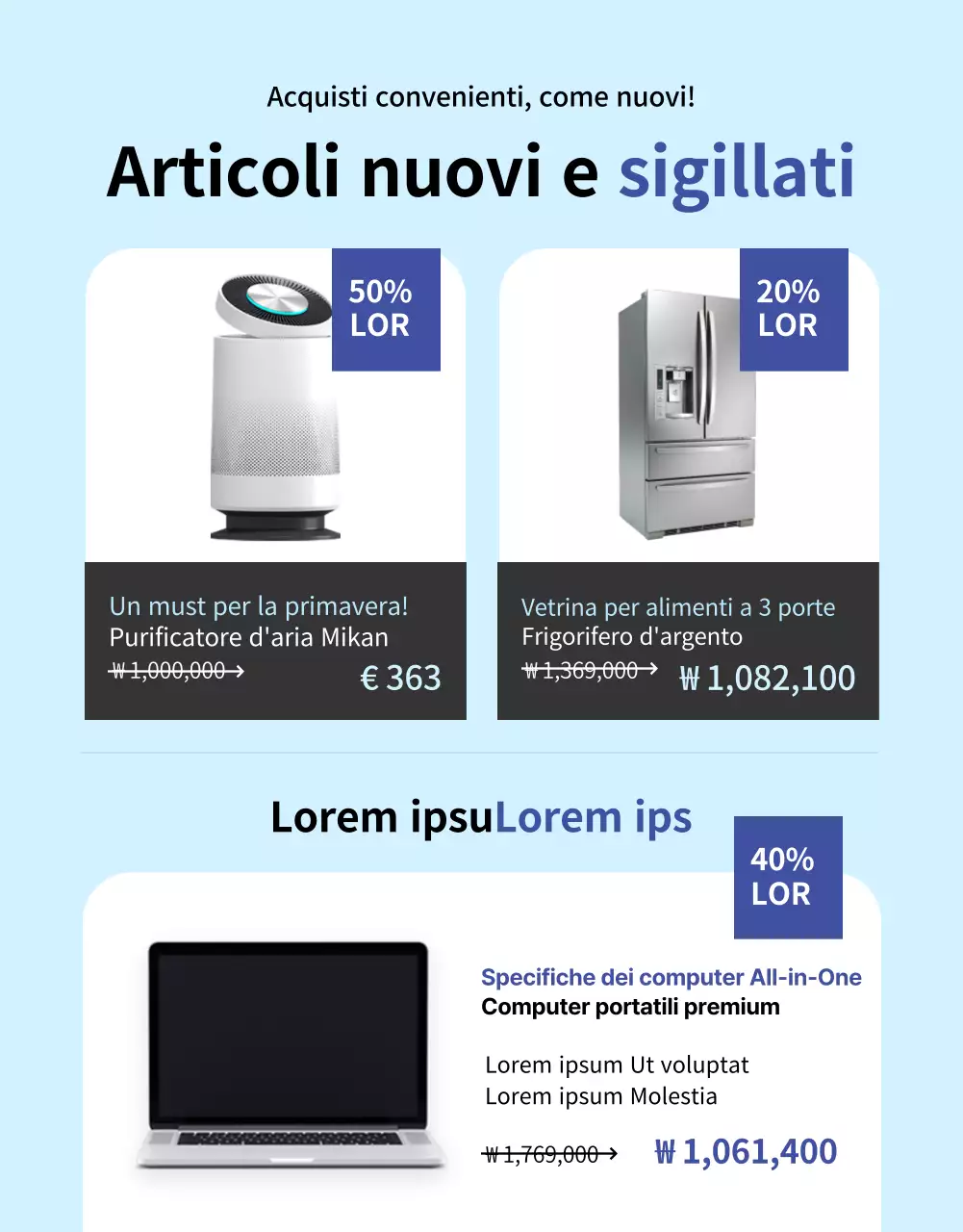 Pagina di dettaglio della vendita di elettrodomestici grigi e blu