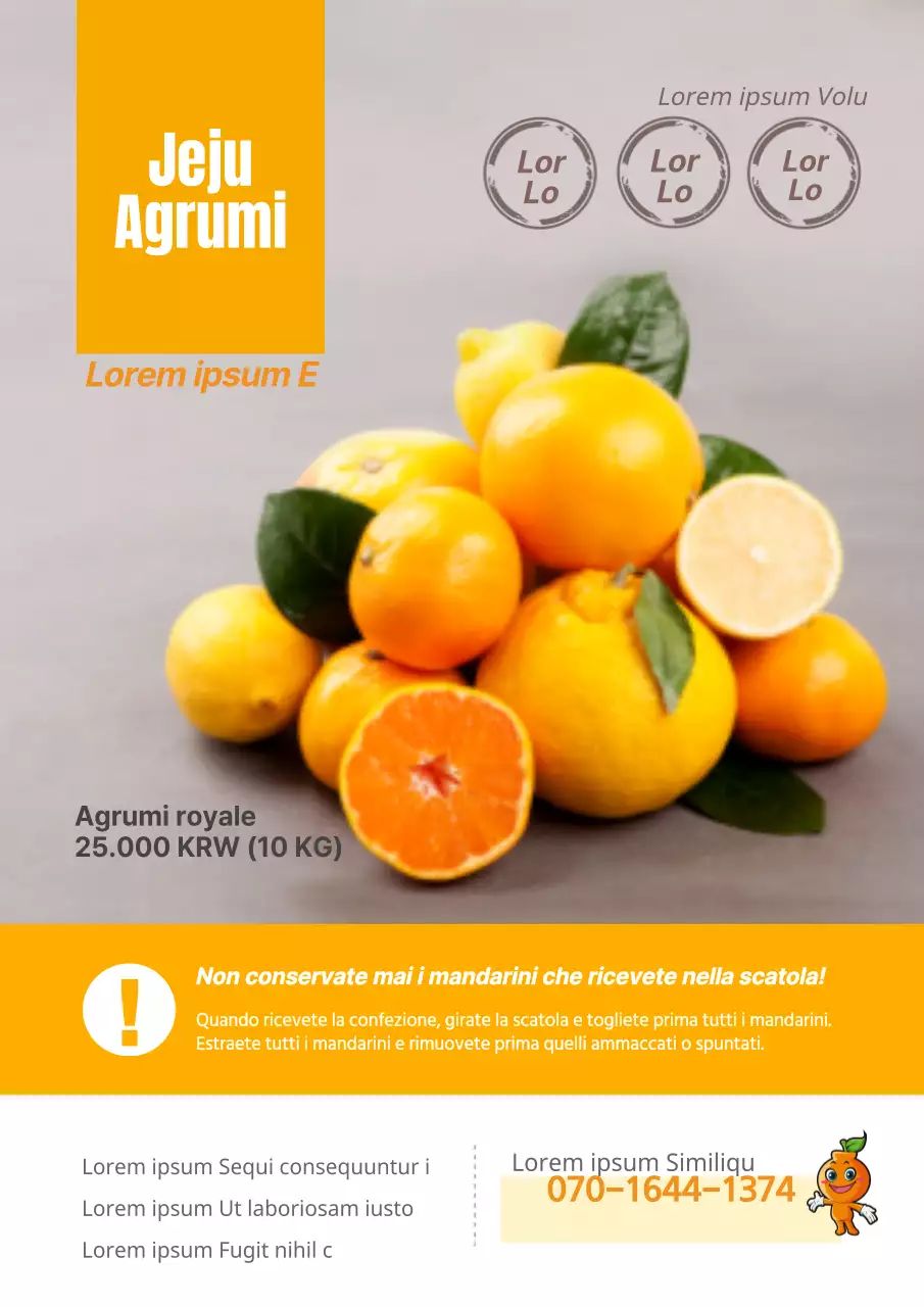 Promuovere un'azienda agrumicola con foto di mandarini gialli e personaggi di mandarini