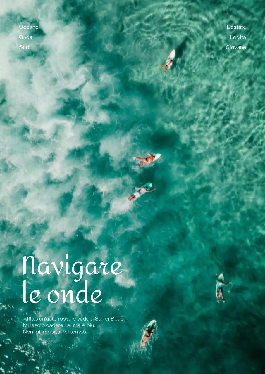 Fresco interno estivo con i surfisti nell'oceano blu