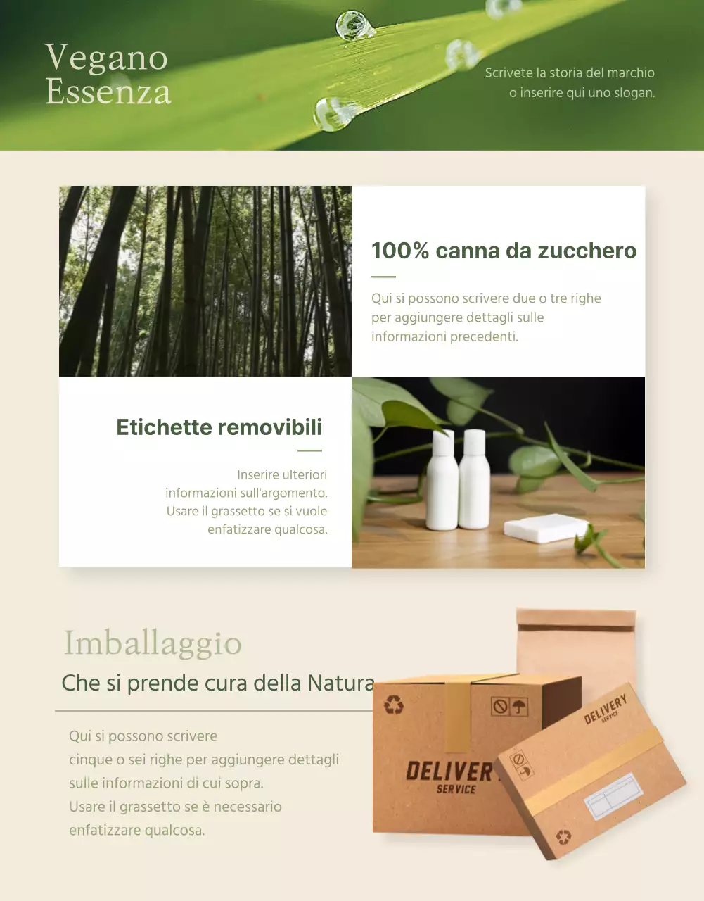 Pagina di dettaglio dei cosmetici vegani in verde avorio