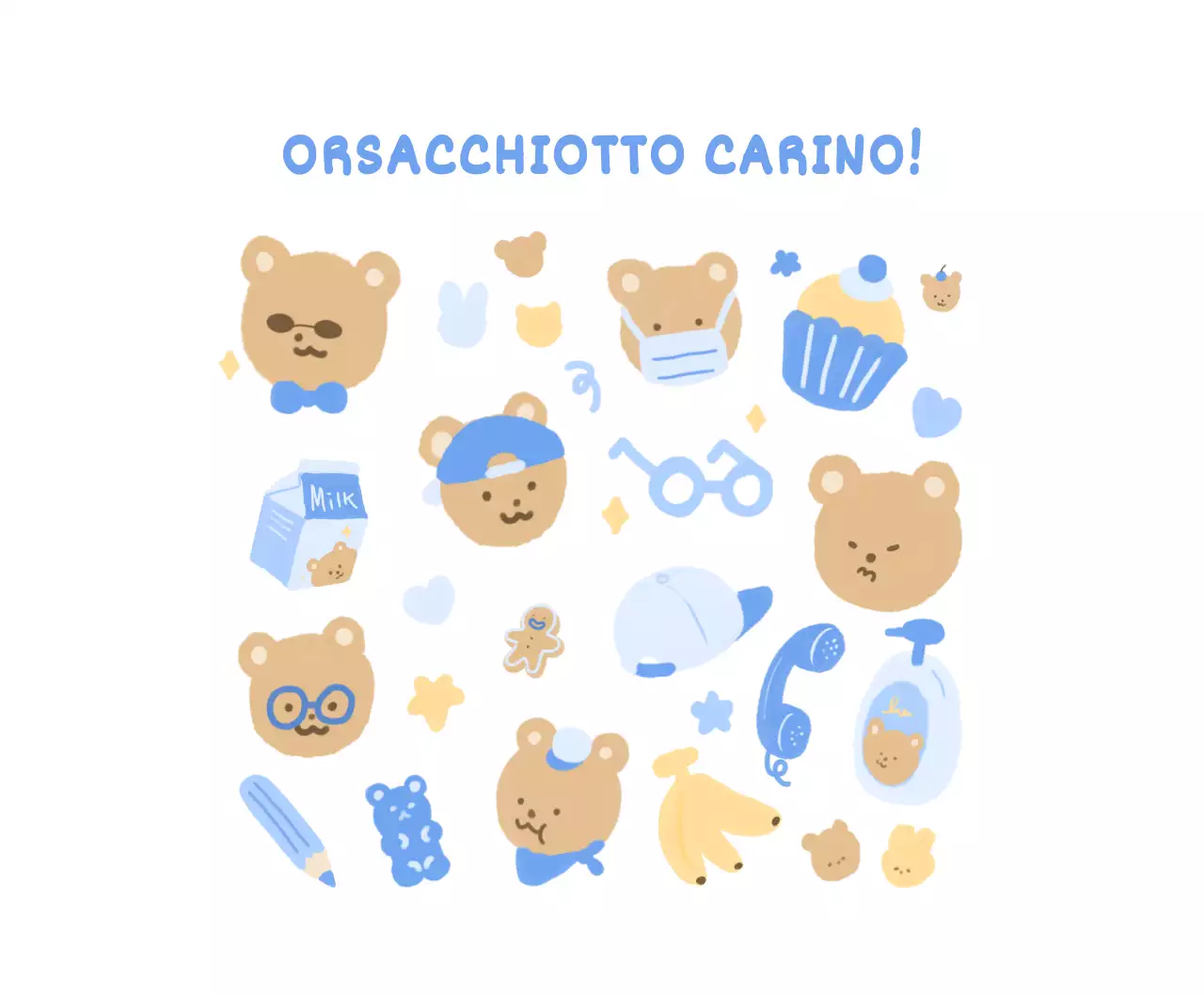 blu, bianco, carino, orsetto, illustrazione, personale, merce, latte, biscotto, stella, cuore, banana, gelatina, cupcake, cappello, tappetino per mouse, carino