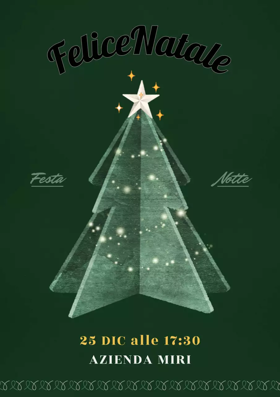Invito con albero di Natale glitterato e sfondo verde