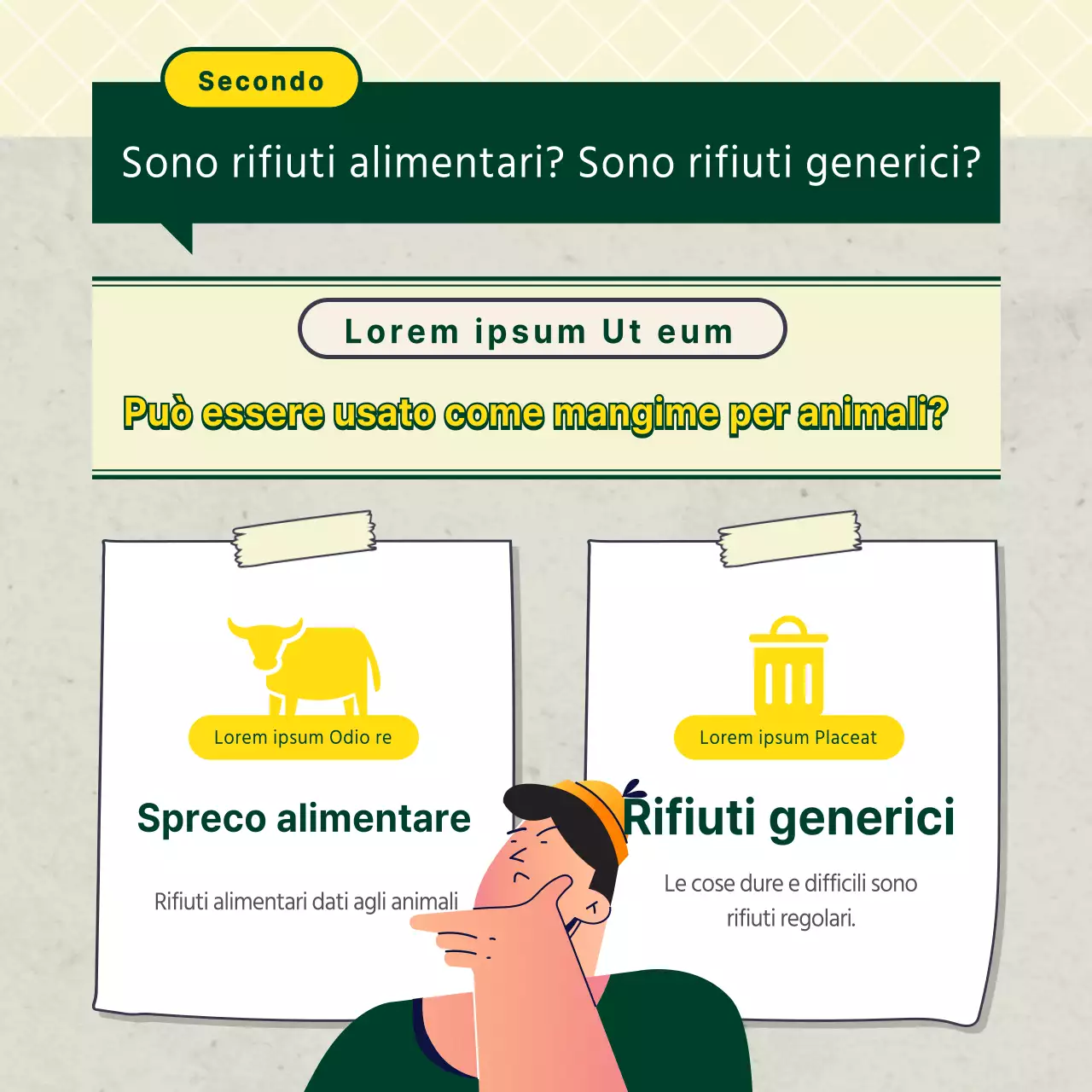 Consigli per lo spreco alimentare illustrati in giallo e verde