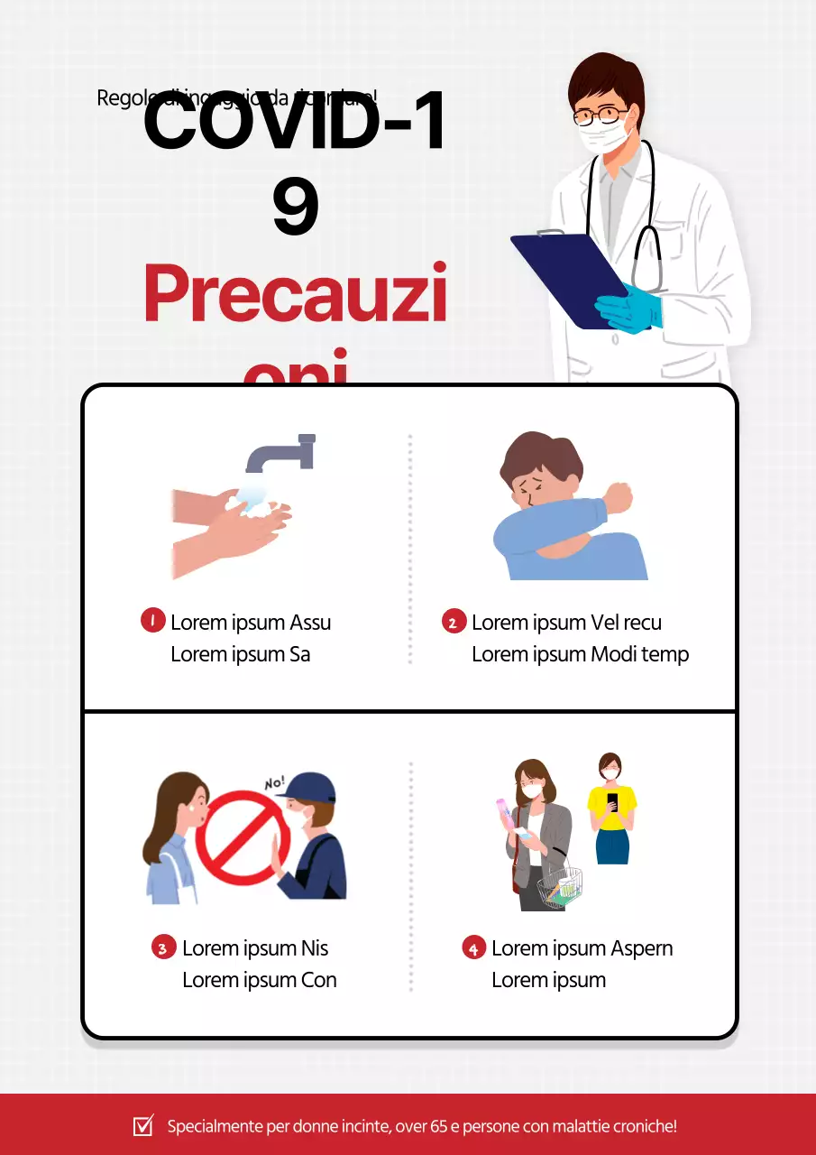 Una guida pulita, rossa e bianca alle precauzioni COVID-19