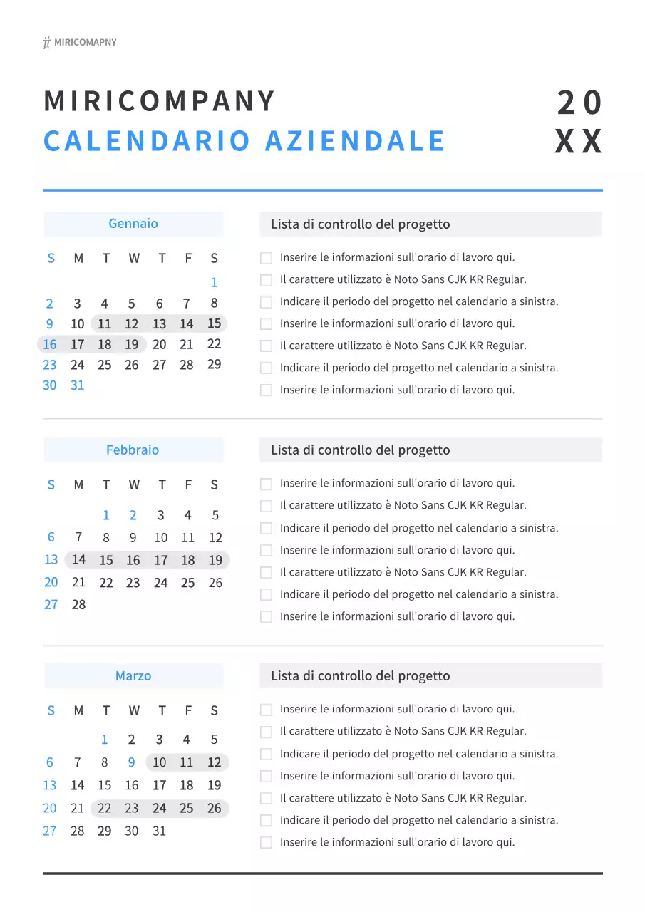 Semplice calendario di lavoro in bianco e blu