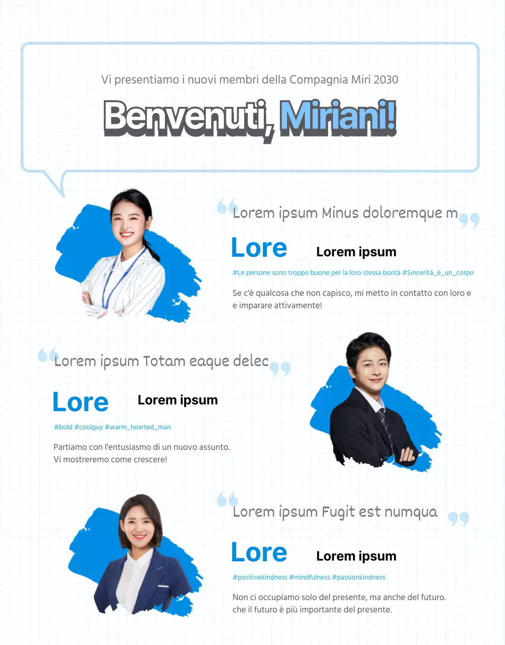 Newsletter aziendale introduttiva di colore blu e giallo