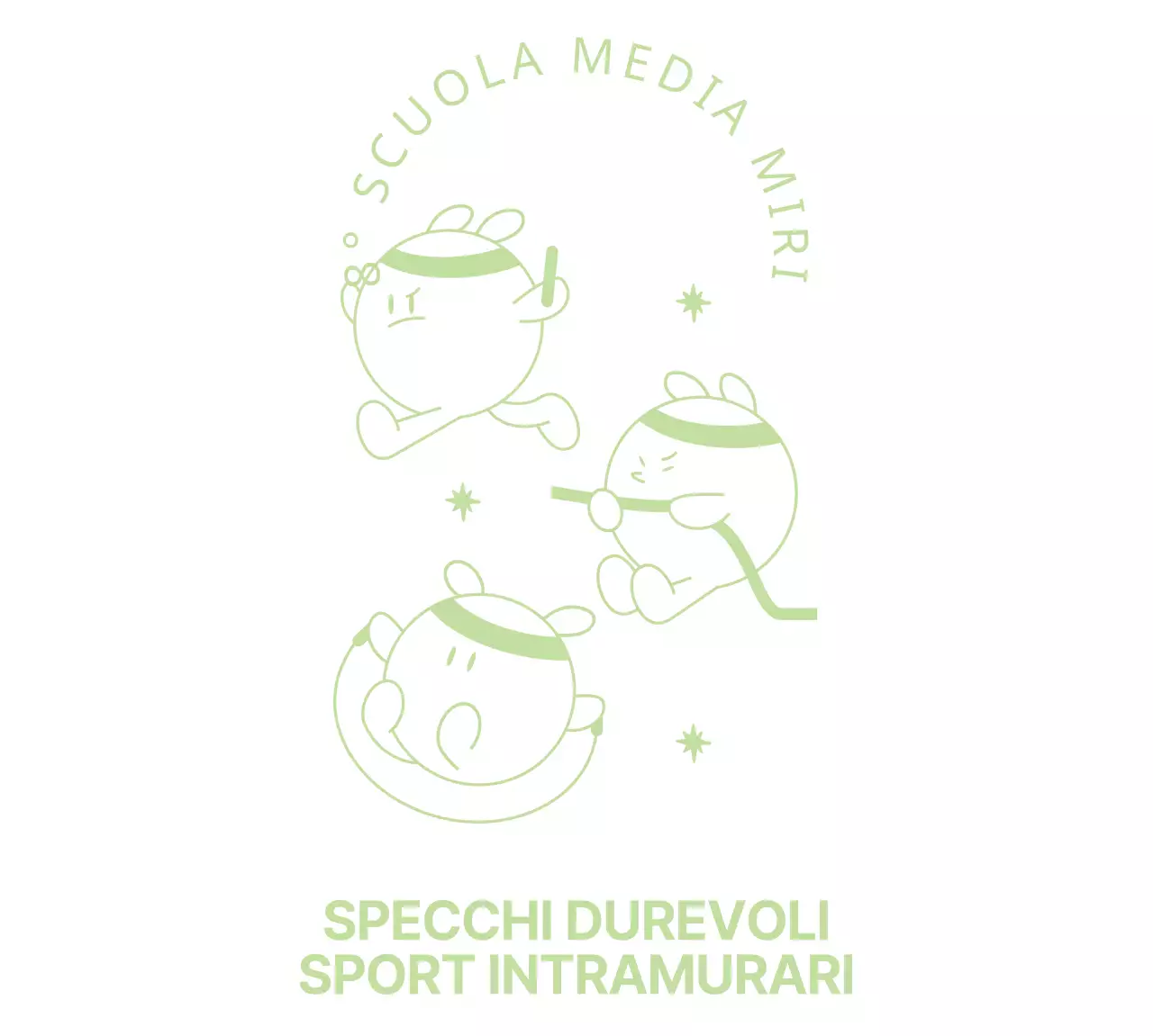 Cimeli sportivi della scuola media con simpatici personaggi atletici in verde lime.
