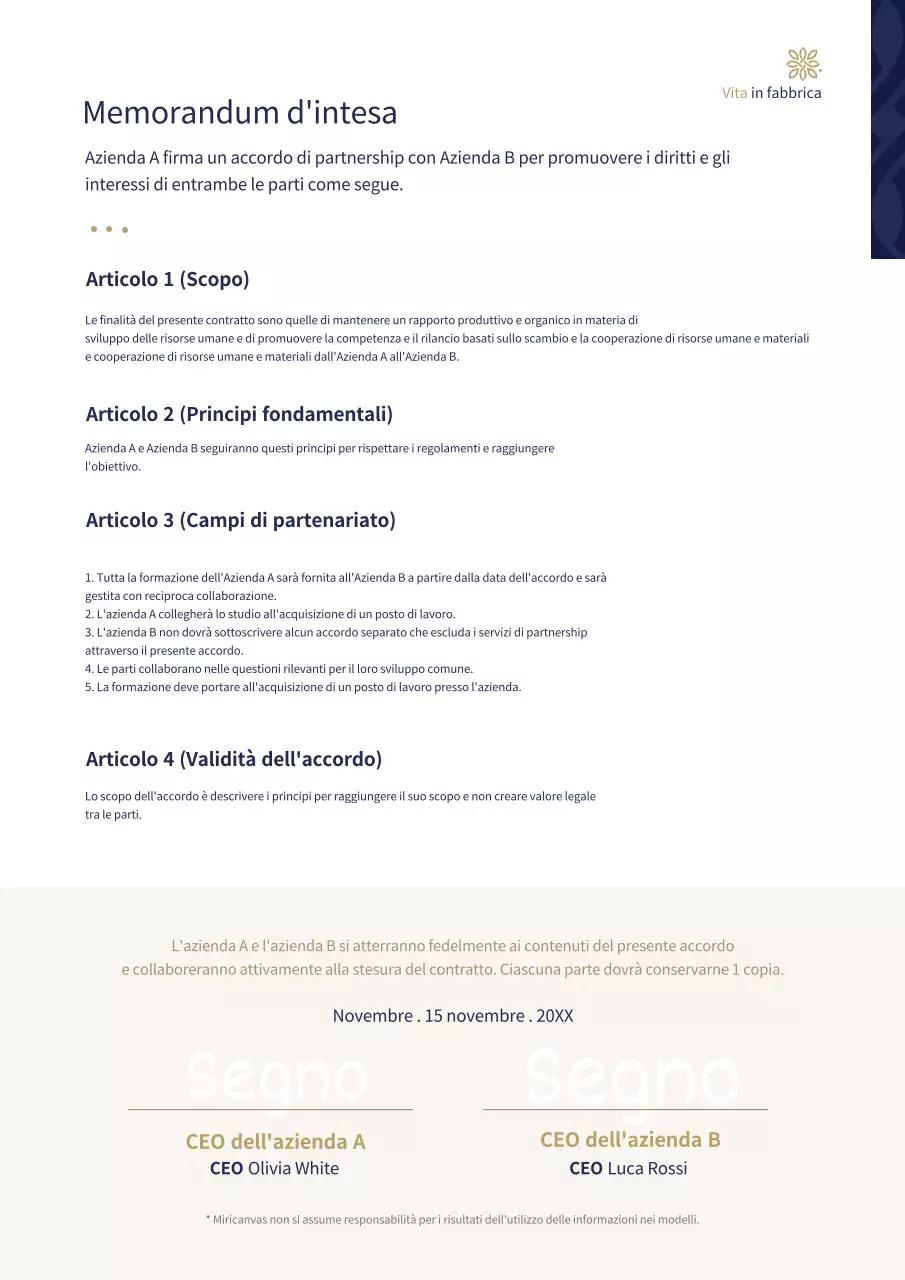 Modello di contratto per documenti aziendali in blu navy e oro (Modello per aziende)