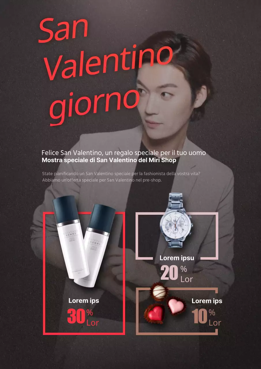 Volantino promozionale per una vendita di regali chic per San Valentino in rosso.