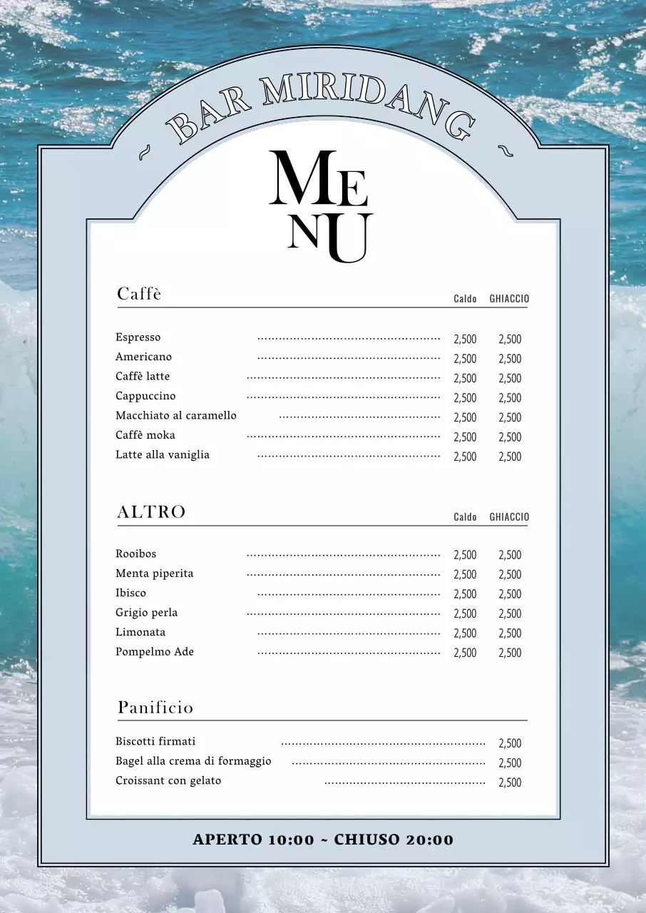 Il menu di un caffè sentimentale con lo sfondo dell'oceano blu