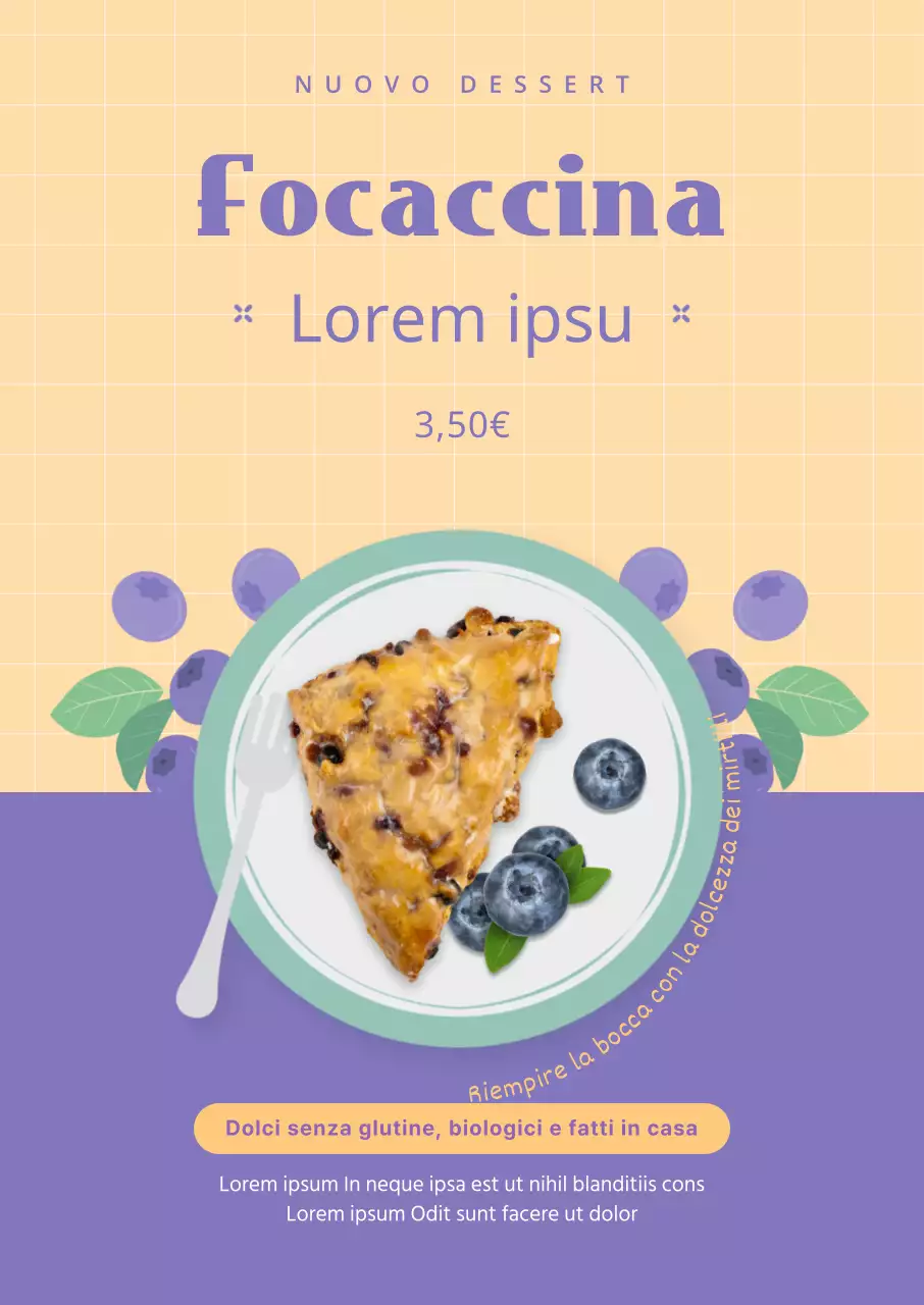 Un menu di dolci a base di focaccia con foto viola e avorio