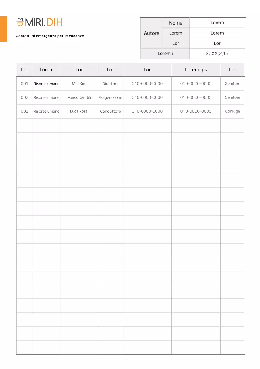 Semplice documentazione dell'elenco dei contatti di emergenza per le vacanze