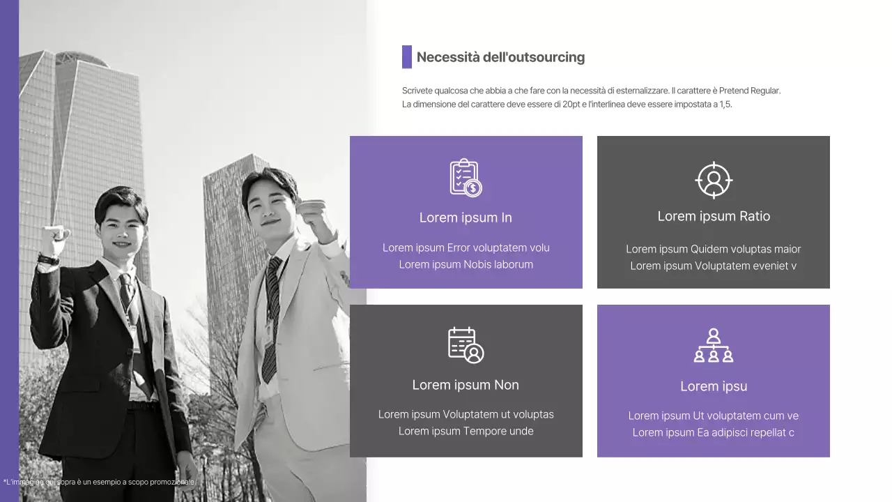 Proposta di servizi di staffing in outsourcing in viola e grigio Business B2B Ricerca di personale Reclutamento Contingenti aziendali Spedizione di lavoratori