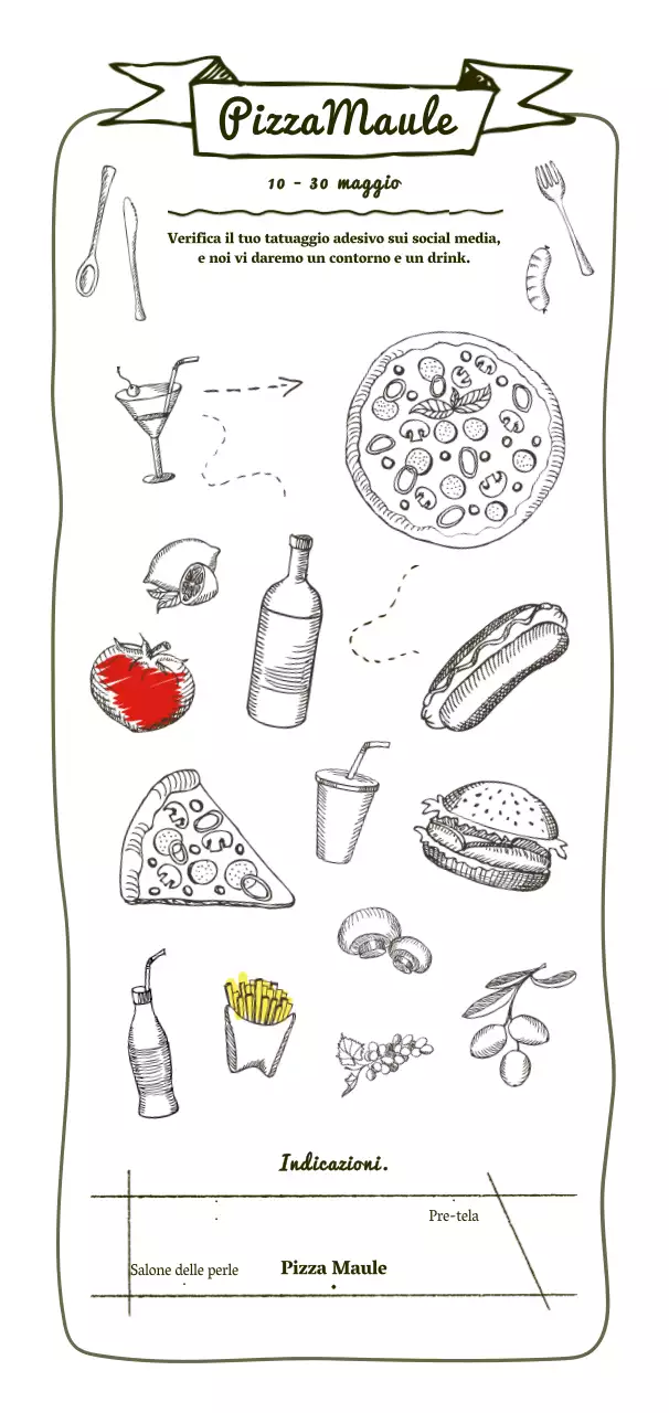 Promozione di una pizzeria con un concetto di disegno a penna emozionale.