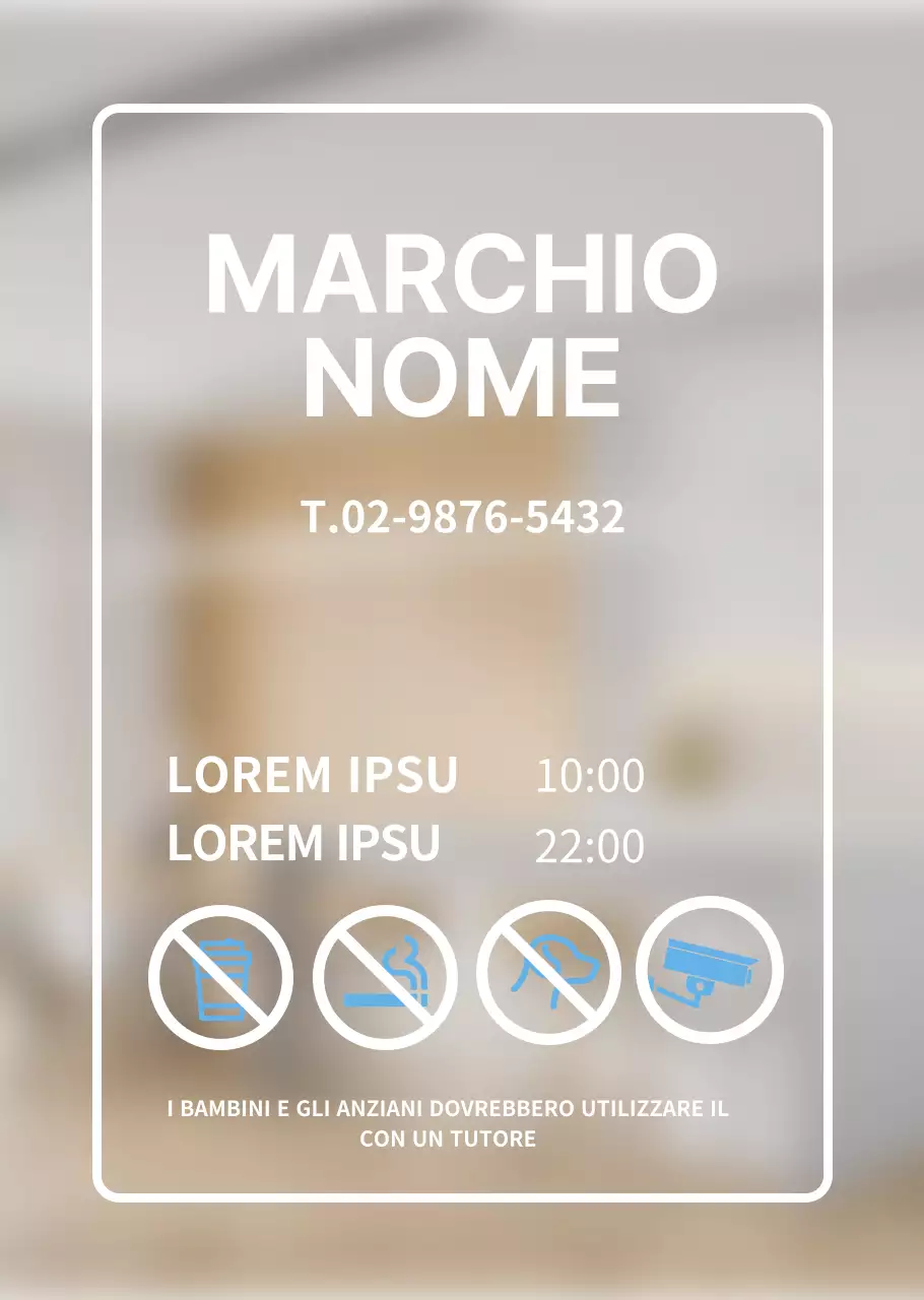 Poster trasparente di colore azzurro con il marchio degli orari di apertura semplici