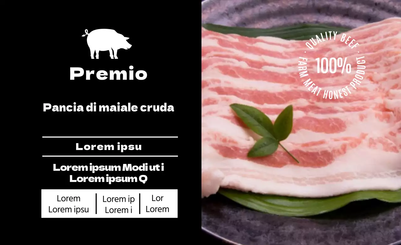 Etichetta alimentare della pancia di maiale con foto nera