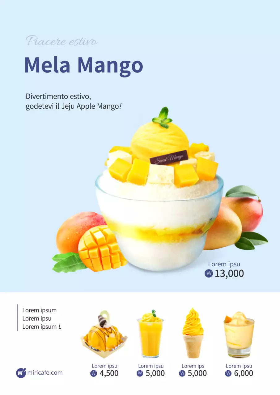 Semplice poster promozionale del menu stagionale estivo a base di mela e mango in azzurro