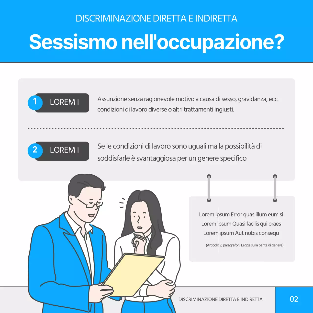 Semplice illustrazione in blu e limone Questioni occupazionali Legge sulla parità di genere Emendamento CardNews