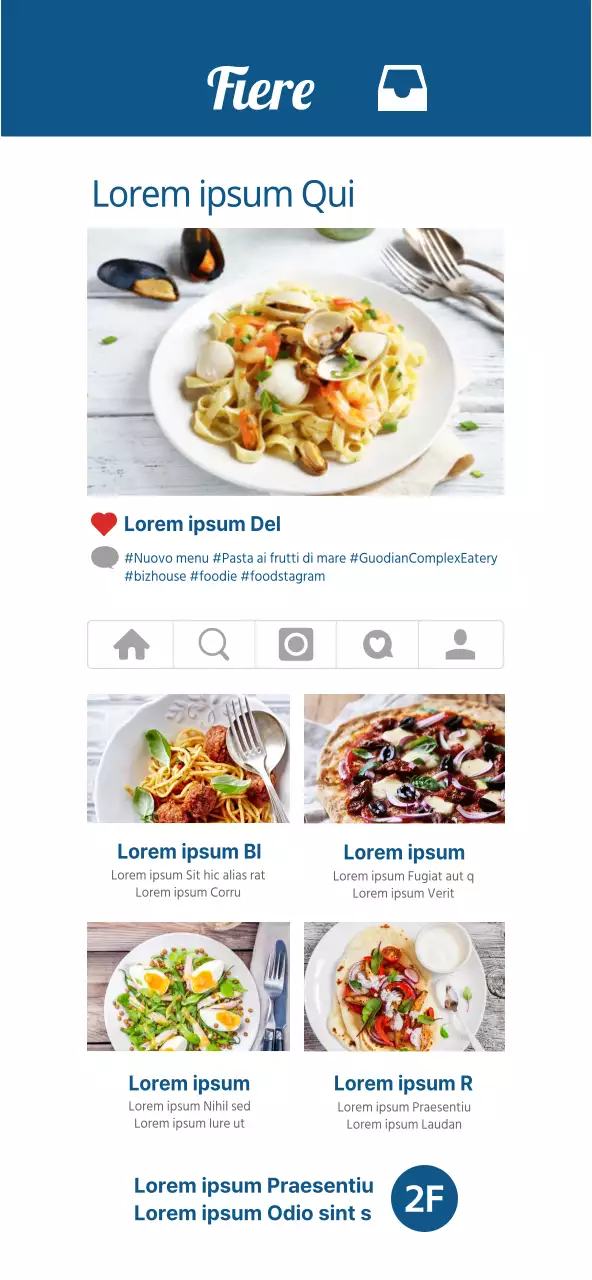 Un semplice menu di ristorante in stile layout Instagram in blu e bianco
