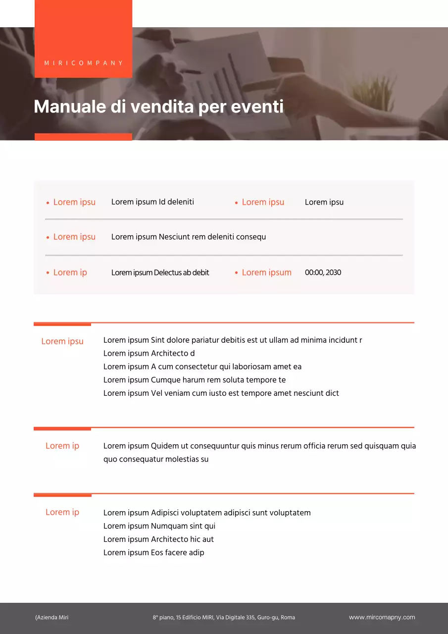 Una documentazione pulita e arancione per la vendita di eventi