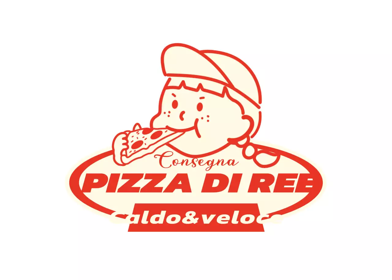 Logo di una pizzeria con una simpatica illustrazione rossa e gialla
