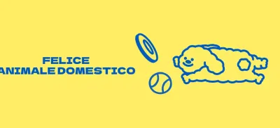 Design di un negozio di forniture per animali con simpatiche illustrazioni di forniture per cani e cuccioli gialli e blu