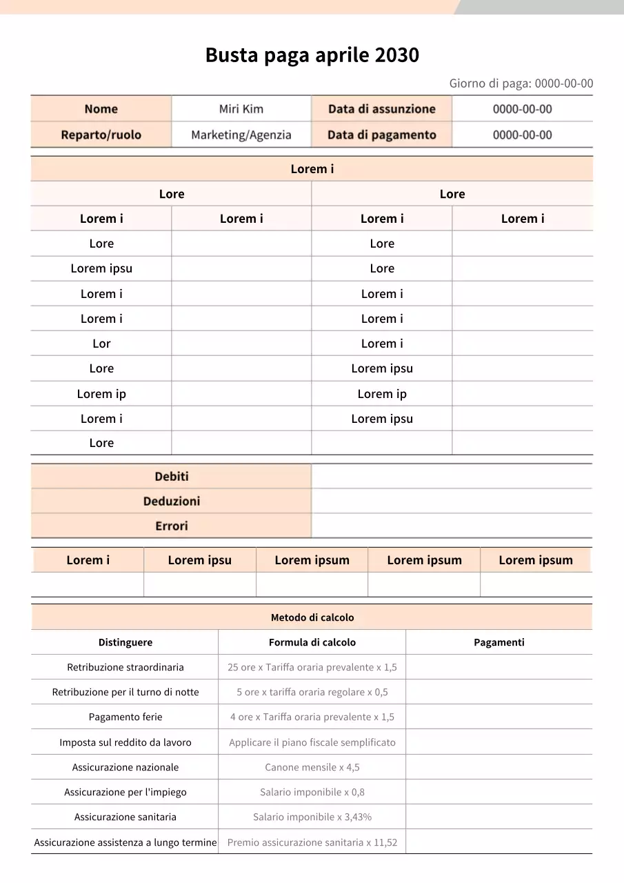 Formattazione del documento della busta paga in arancione