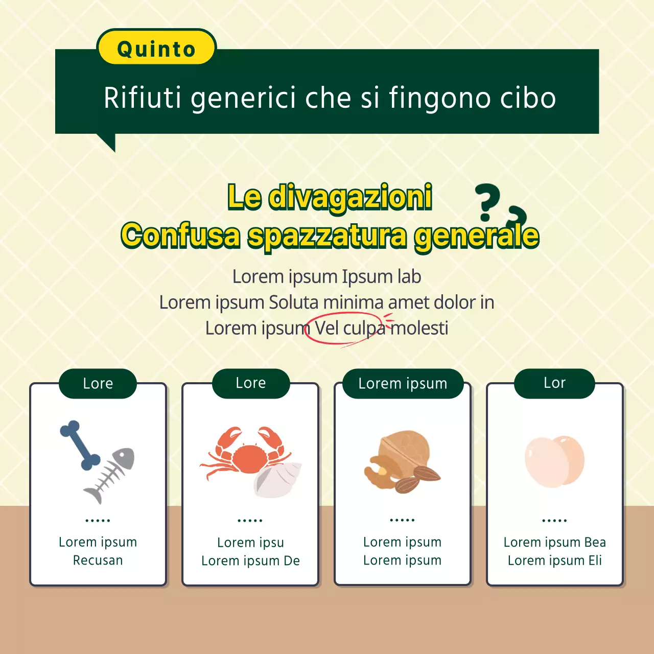 Consigli per lo spreco alimentare illustrati in giallo e verde