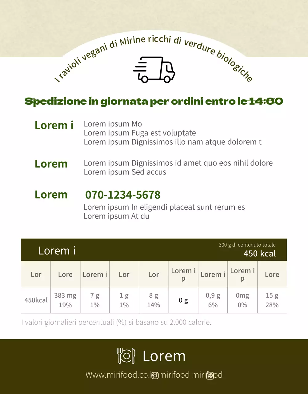 Pagina di dettaglio del centro commerciale con ravioli vegani verde oliva