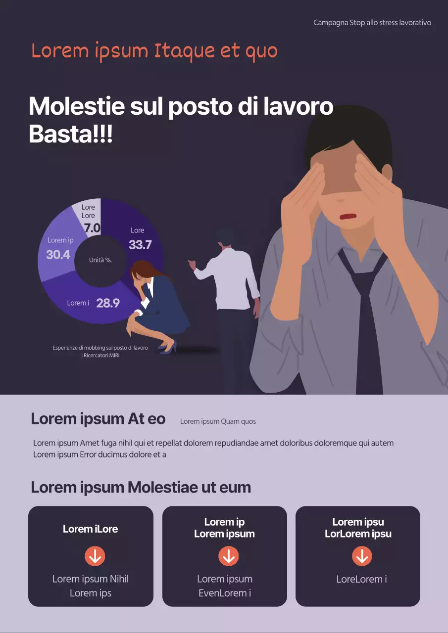 Illustrazione di una campagna sul posto di lavoro di colore viola scuro contro il mobbing sul posto di lavoro.