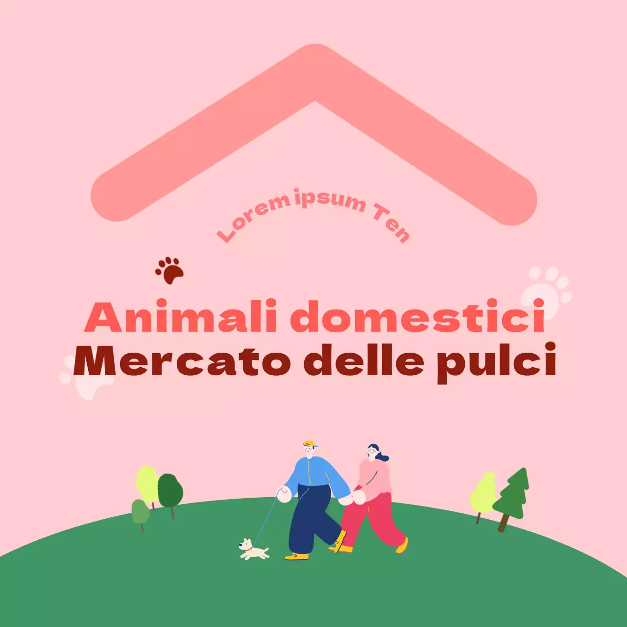 Per i luoghi del mercato delle pulci con illustrazioni di cani e umani in rosa e verde