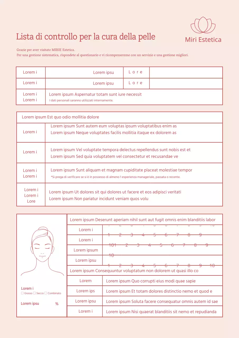 Lista di controllo per la cura della pelle Questionario per l'estetista Documenti Ospedalieri