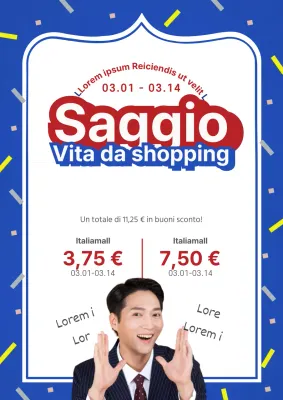 Volantino promozionale per un evento di vendita in un centro commerciale, di colore blu e bianco