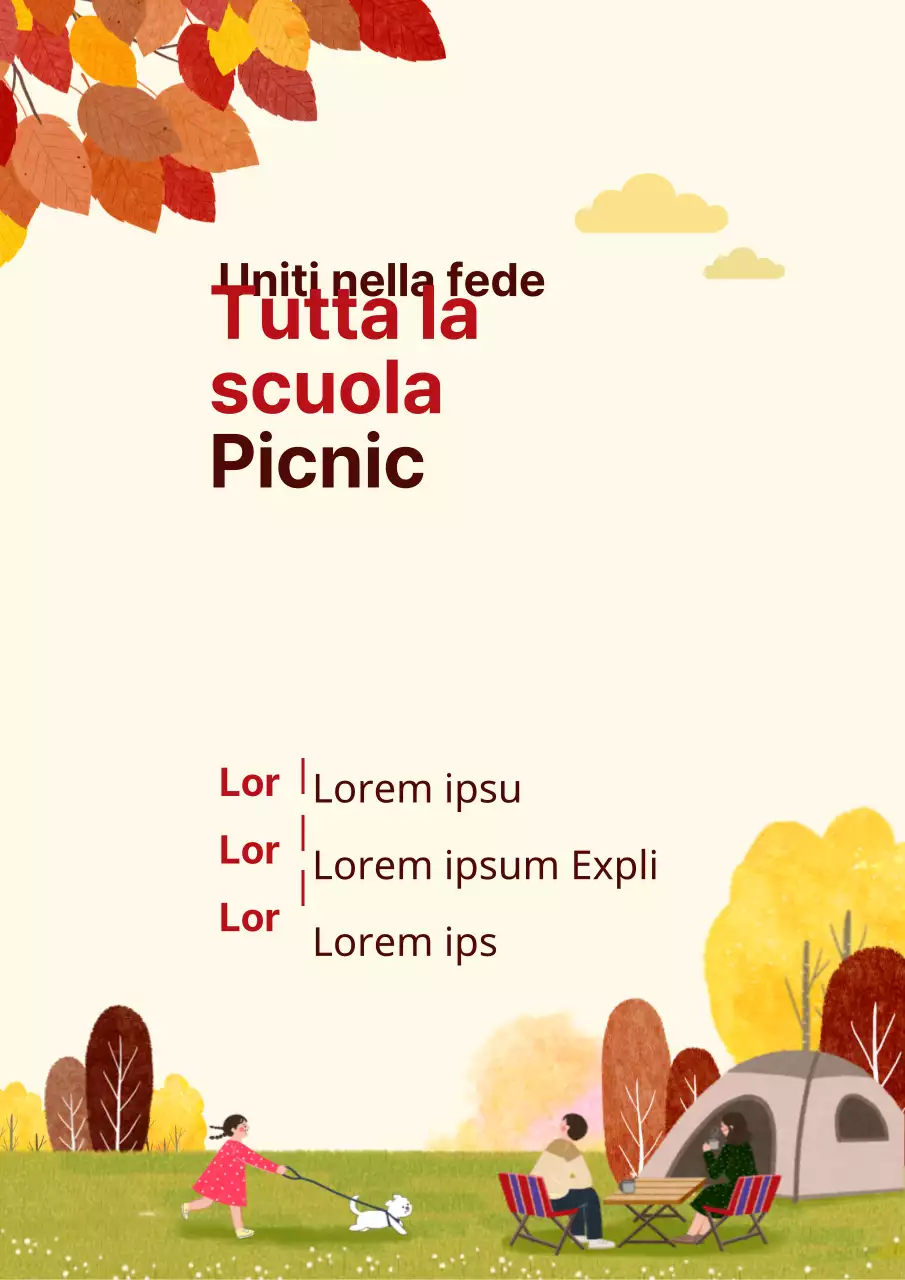 Promuovete un picnic in chiesa con l'illustrazione di una scena di campeggio autunnale in giallo.