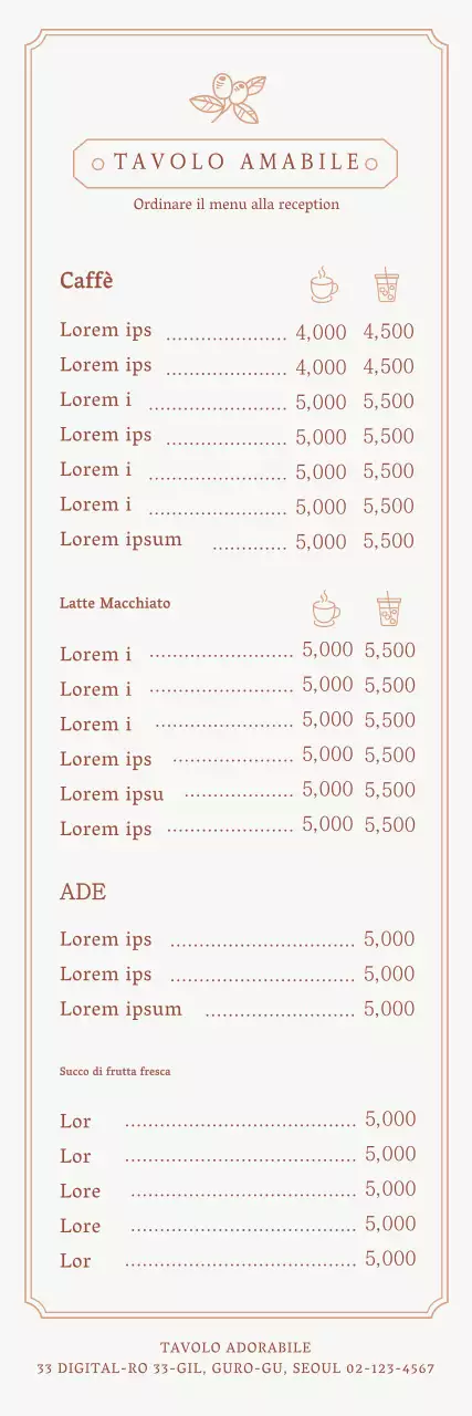 Una guida al menu del caffè con un concetto di cornice emozionale