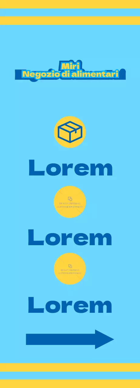 Negozio di alimentari con icone blu e gialle che promuovono vari servizi