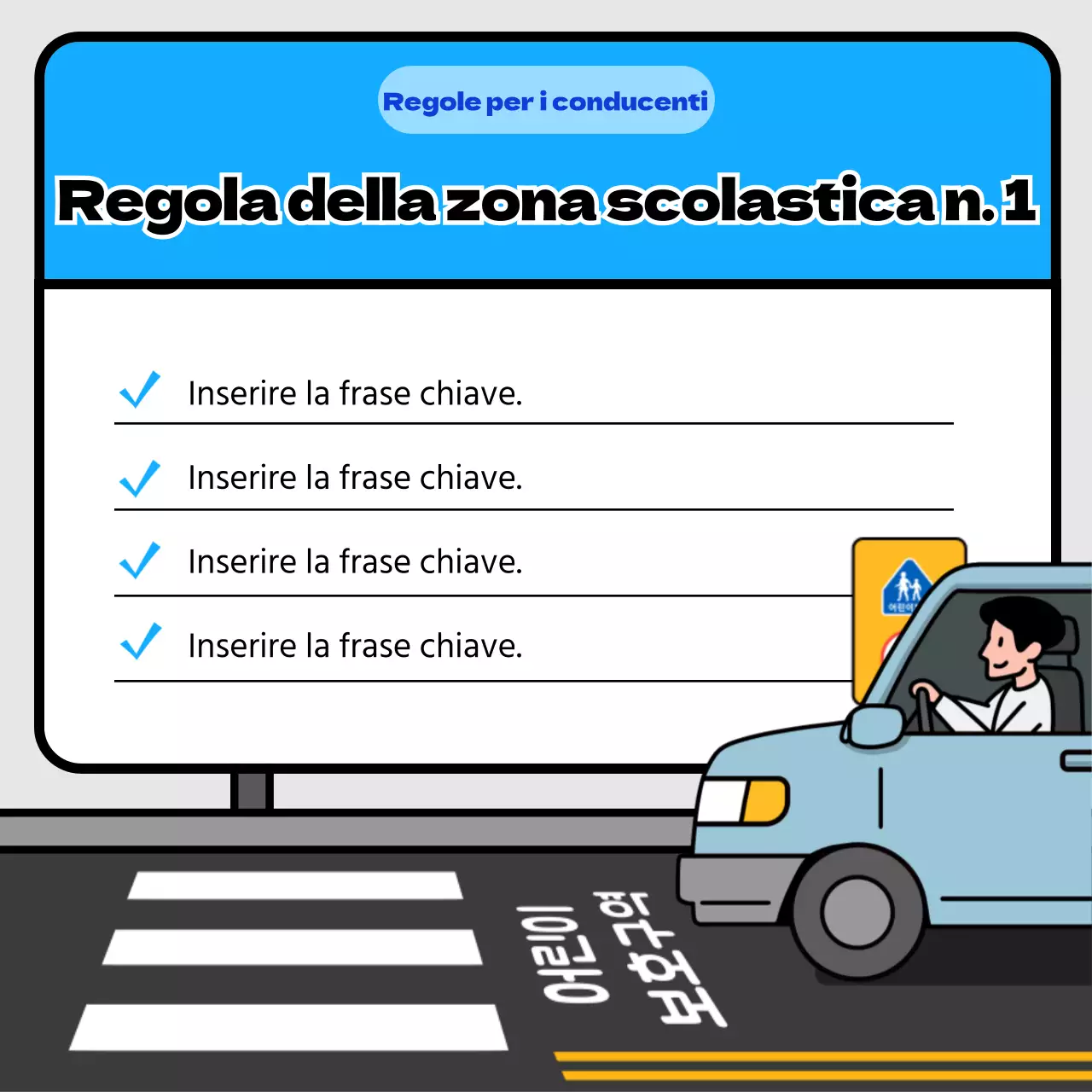 Consigli per la sicurezza del traffico nelle zone scolastiche con concetto di cartello giallo e blu