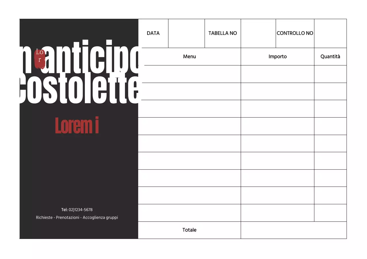 Concetto semplice di foglio d'ordine del ristorante in bianco e nero