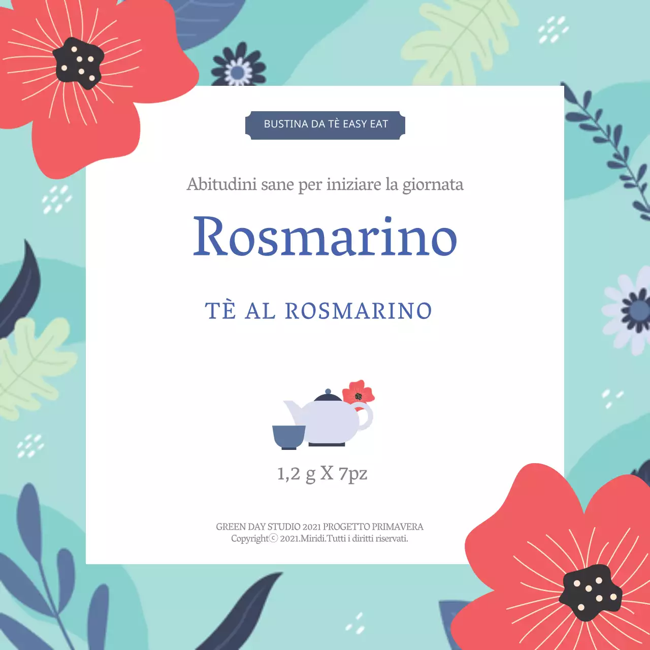 Illustrazione blu di un'etichetta per il tè al rosmarino