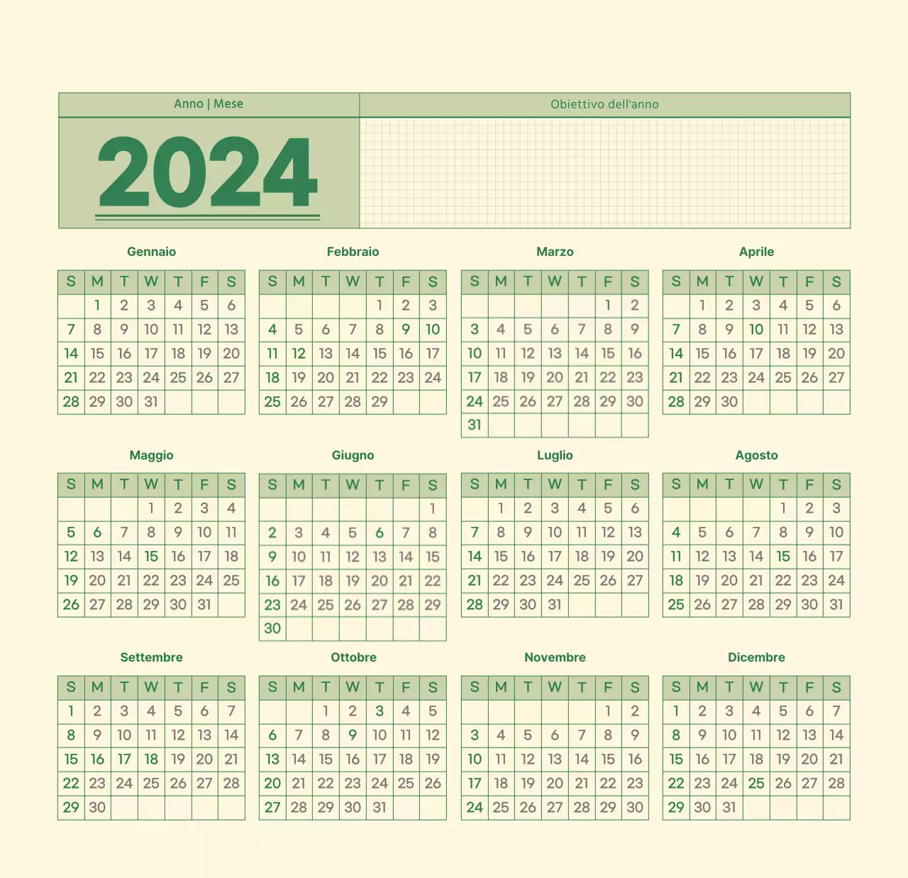 Calendario da parete SAT D-day concept in verde e giallo chiaro