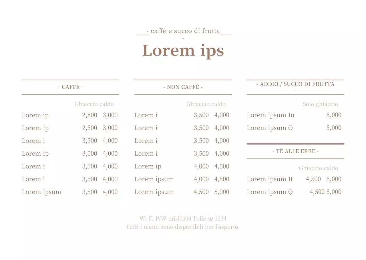 Un menu pulito, bianco e marrone, con un listino prezzi.