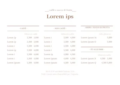 Un menu pulito, bianco e marrone, con un listino prezzi.