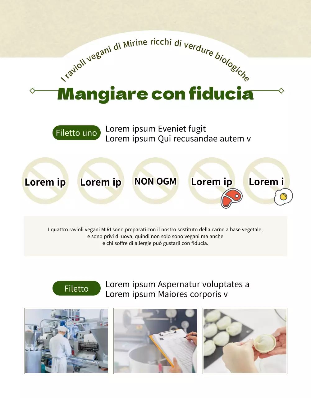 Pagina di dettaglio del centro commerciale con ravioli vegani verde oliva